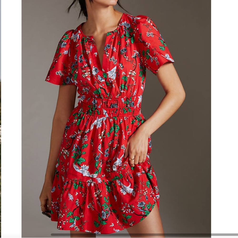 NEW Anthropologie Somerset Mini Cotton Dress Red Bird Floral Print Pockets XXS - Picture 9 of 16